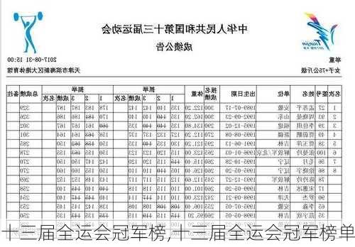 十三届全运会冠军榜,十三届全运会冠军榜单